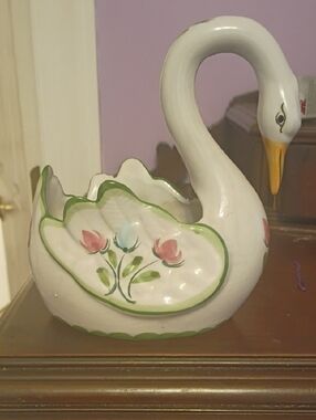 Hand-Painted White Swan Ceramic Planter with Floral Motif